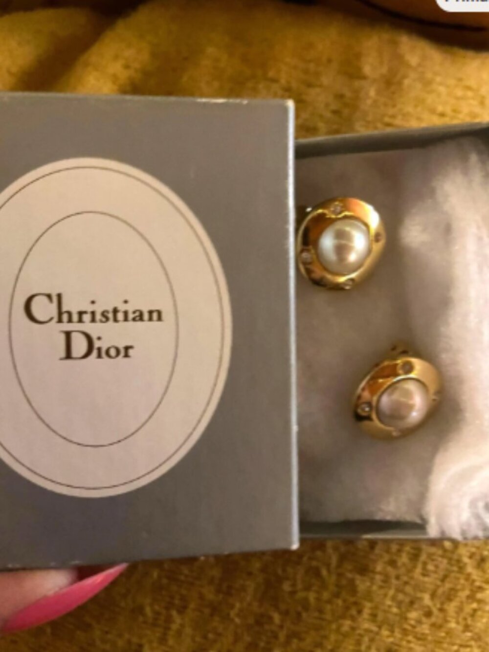 Christian Dior Round Gold Crystal Edged Pearl Earrings with original Box Vintage